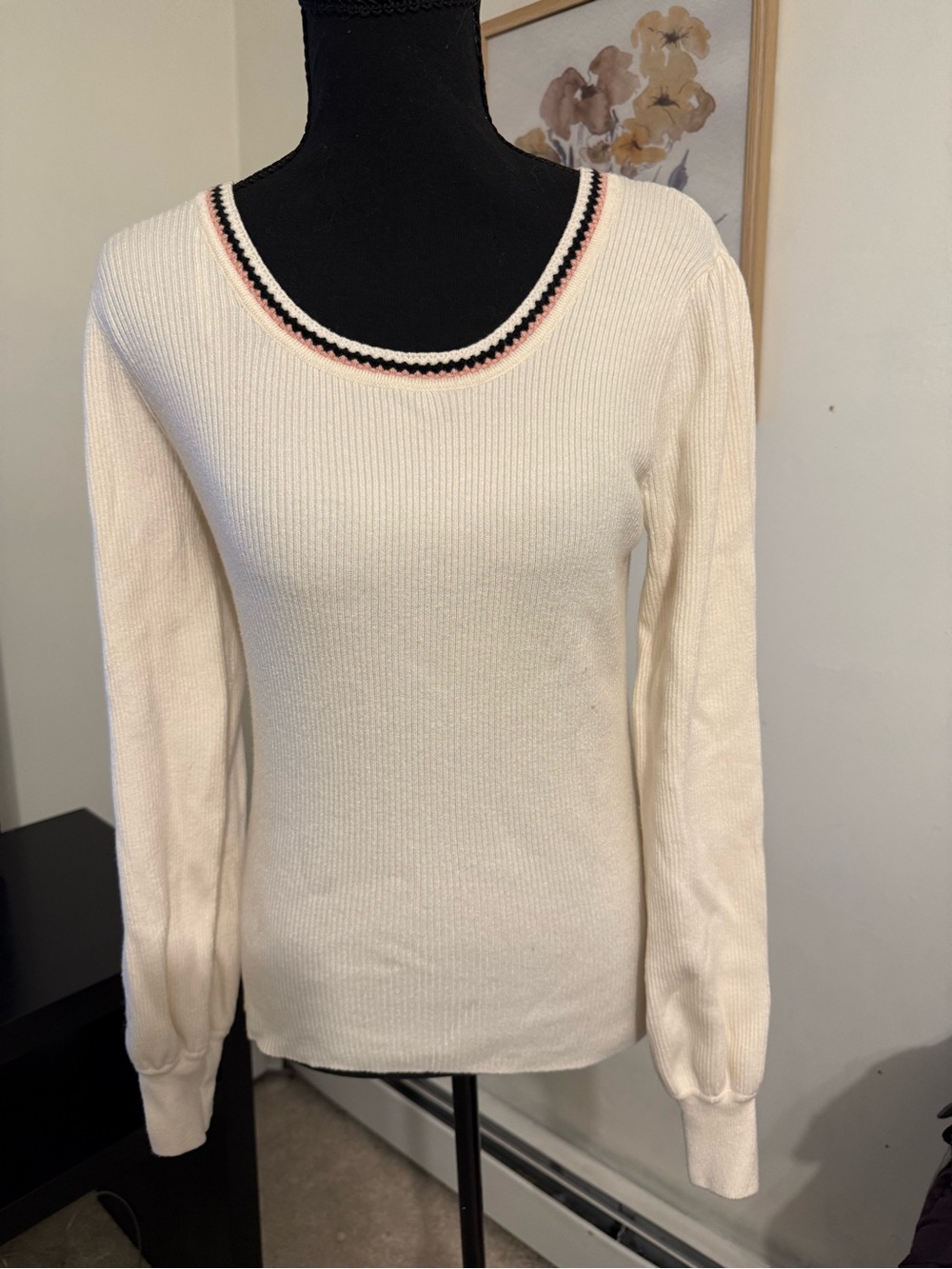 Tahari L Ivory Ribbed Sweater Pink Black Trim Stretchy